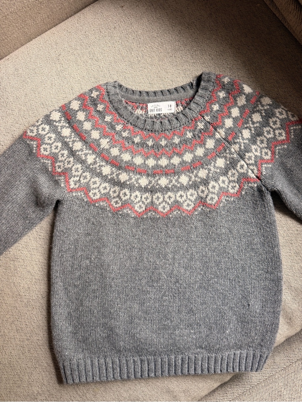 Children's Grey Fair Isle Crewneck Sweater with Pink Accents